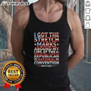 Person wearing a 'MAGA' tank top with stretch marks around lips at the Republican National Convention RNC 2024.