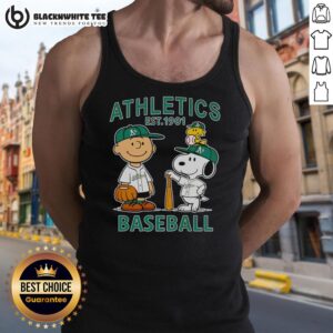 Alt Text: Charlie Brown, Snoopy, and Woodstock wearing an Oakland Athletics baseball jersey tank top, est. 1901.