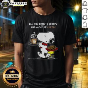 Alt Text: Cute All You Need Is Snoopy And A Cup Of Coffee T-Shirt featuring iconic Snoopy design and coffee graphics.