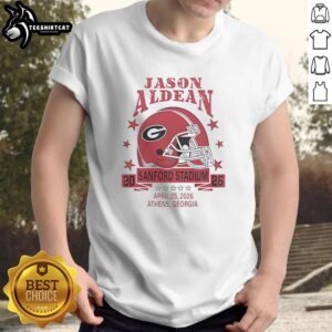 Alt Text: Jason Aldean Georgia Bulldogs Sanford Stadium 2026 helmet t-shirt featuring vibrant graphics and team colors.