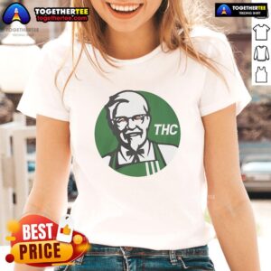 Funny ladies tee featuring the Top KFC X THC logo, blending humor and style for cannabis enthusiasts.