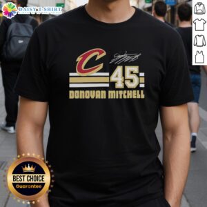 Alt Text: Official Donovan Mitchell Cleveland Cavaliers signature t-shirt featuring his name and number for fans and collectors.