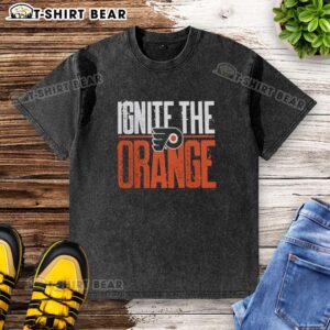 Philadelphia Flyers Ignite The Orange 2026 Stanley Cup Playoffs washed t-shirt showcasing team spirit and style.