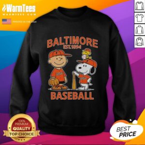 Alt Text: Cute Charlie Brown, Snoopy, and Woodstock in Baltimore Orioles baseball jersey sweatshirt, established 1894.