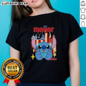 Alt Text: Pretty Stitch Like Meijer USA Flag Ladies Tee with colorful flag design, perfect for patriotic celebrations.