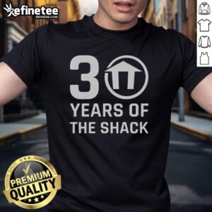 Top 30 Years Of The Shack Logo T-Shirt featuring a vibrant design celebrating three decades of The Shack brand.