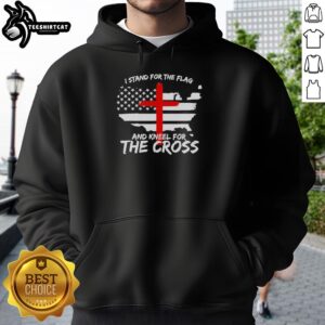 Alt Text: Awesome I Stand For The Flag And Kneel For The Cross hoodie featuring patriotic design and American flag colors.