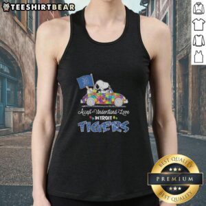Alt Text: Pretty Snoopy and Woodstock driving a car on a Detroit Tigers tank top promoting autism acceptance and love.