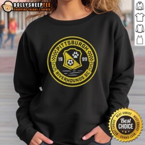 Alt Text: Vintage Pittsburgh Riverhounds SC 1999 primary logo sweatshirt showcasing retro soccer team design and style.