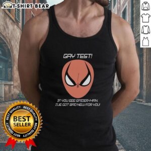 Funny tank top featuring 'Good Gay Test: If You See Spider-Man, I've Got Bad News for You' humor design.