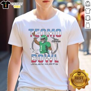 Alt Text: Pretty Tecmo Bowl X Topps Chrome Eagles T-Shirt featuring Jalen Hurts in vibrant colors and stylish design.