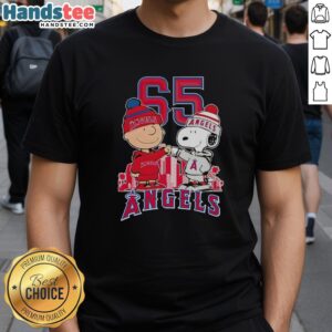 Alt Text: Cute Charlie Brown and Snoopy Los Angeles Angels 65th Anniversary t-shirt featuring city skyline design, 1931-2026.