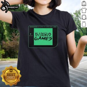 Official Kinda Funny Games dot matrix graphic on a women's tee with stereo sound design, perfect for gamers.