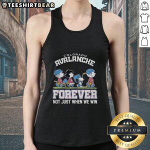 Pretty Peanuts characters on a Colorado Avalanche NHL tank top, featuring 'Forever Not Just When We Win' slogan.