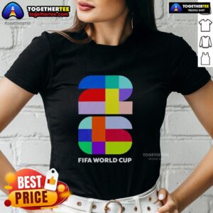 FIFA 2026 World Cup colorful logo emblem on a ladies tee, showcasing vibrant design for soccer fans.