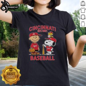 Alt Text: Good Charlie Brown, Snoopy, and Woodstock in Cincinnati Reds baseball jersey, Est. 1881, on a ladies tee shirt.