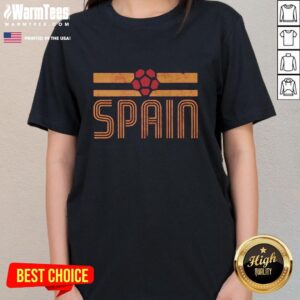 Original Spain Retro Stripe World Cup Football Ladies Tee featuring a stylish design and vibrant colors for fans.