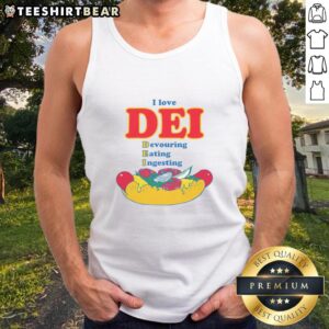 Person wearing a Funny I Love Dei tank top, playfully devouring food, showcasing humor and style in casual wear.