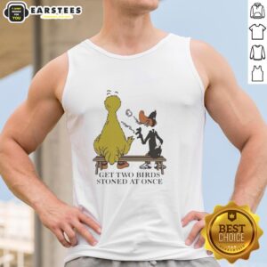 Stylish 'Hot Get Two Birds Stoned At Once' tank top featuring bold graphic design, perfect for casual summer wear.