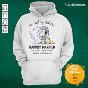 Cozy hoodie featuring 'Me and My Bed Are Snoopy Happily Married' design, perfect for lounging with kids Pillow and Blanket.