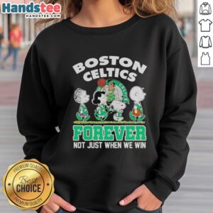 Official Peanuts Characters X Boston Celtics sweatshirt featuring classic designs, perfect for fans and cozy style.