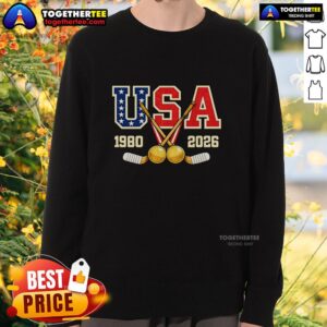 Vintage USA Champions sweatshirt featuring 1980 and 2026 hockey designs, perfect for sports fans and collectors.