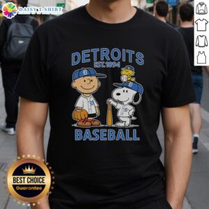 Alt Text: Charlie Brown, Snoopy, and Woodstock wearing a Detroit Tigers baseball jersey t-shirt, established 1894.