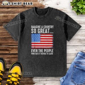 Retro washed t-shirt featuring American flag and slogan: 'Imagine a country so great, even haters stay.'
