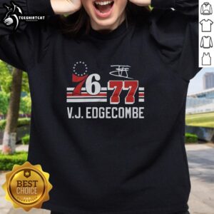 Alt Text: Top 76ers V.J. Edgecombe signature jersey sweatshirt featuring vibrant team colors and player details.