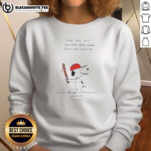 Alt Text: Snoopy doodle sweatshirt featuring 'Take Me Out To The Ball Game' design, perfect for baseball fans and casual wear.