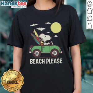 Ladies tee featuring Snoopy and Woodstock on the beach with 'Beach Please' text, perfect for summer vacations.