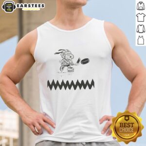 Alt Text: Awesome Snoopy dog hockey player graphic tank top featuring vibrant colors and fun design, perfect for sports fans.
