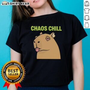 Alt Text: Funny capybara with red eyes sticking out its tongue for the Awesome Capybara Chaos Chill meme ladies tee.