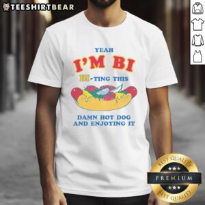 Funny Yeah I'M Bi Bi-Ting This Damn Hot Dog T-Shirt featuring a playful design for food lovers and LGBTQ+ pride.