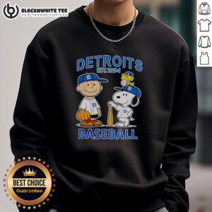 Original Snoopy and Charlie Brown X Detroit Tigers Baseball sweatshirt, established 1894, featuring iconic characters and team logo.