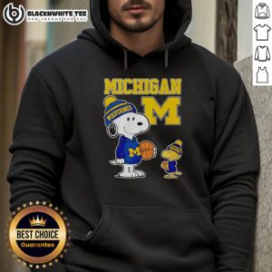 Snoopy and Woodstock in Michigan Wolverines jersey hoodie, showcasing team spirit and friendship in a fun design.