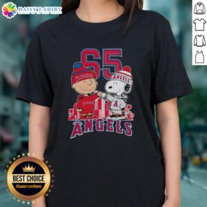 Pretty Charlie Brown and Snoopy graphic on Los Angeles Angels 65th Anniversary tee featuring city skyline design.