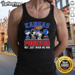 Alt Text: Cartoon characters wearing a tank top featuring 'Top Peanuts x Kansas Jayhawks Forever Fan' design for loyal fans.