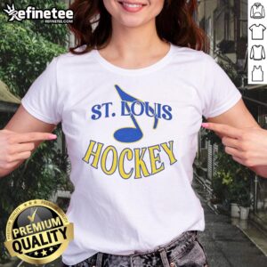 Alt Text: Stylish ladies tee featuring the St. Louis Blues NHL musical note logo, perfect for fans and casual wear.