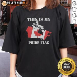 Alt Text: Retro ladies tee featuring the Canada flag and 'This Is My Pride Flag' slogan, perfect for Pride celebrations.