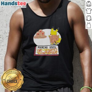 Alt Text: Good Pikachu Used Flash graphic tank top featuring vibrant Pikachu design on a stylish sleeveless shirt.