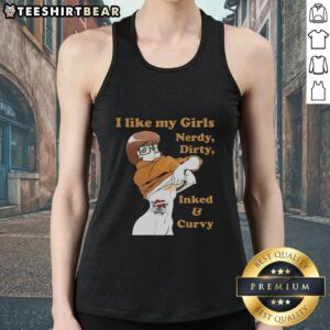 Pretty Velma Dinkley in a tank top reading 'I Like My Girls Nerdy, Dirty, Inked, and Curvy' from Scooby-Doo.