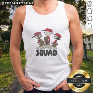 Original Peanuts 3/4 Sleeve Raglan Baseball Squad Tank Top featuring classic cartoon characters in a stylish design.