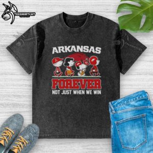 Alt Text: Cartoon characters on an Awesome Peanuts x Arkansas Razorbacks Forever Fan t-shirt, celebrating loyal fandom.
