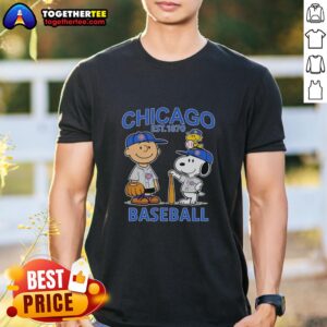 Top Charlie Brown, Snoopy, and Woodstock in Chicago Cubs jersey T-shirt, celebrating the team's est. 1870 heritage.