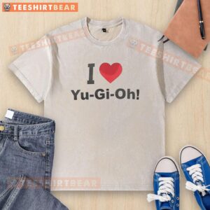 Good I Love Yu-Gi-Oh washed t-shirt featuring vibrant graphics of popular Yu-Gi-Oh characters, perfect for fans.