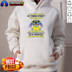 Alt Text: Awesome Stitch hoodie with 'I Live On The Corner Of Funny Street And Silly Road In Crazy Town' graphic design.