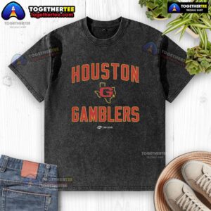 Alt Text: Nice Houston Gamblers team home washed t-shirt showcasing team colors and logo for fans of the USFL.