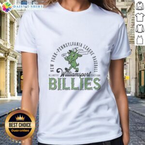Alt Text: Awesome Williamsport Billies mascot on a ladies tee, celebrating New York Pennsylvania League baseball spirit.