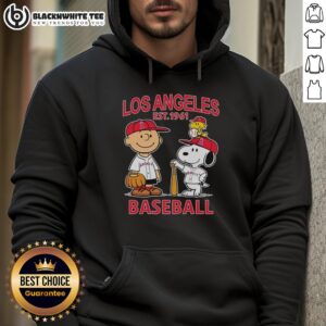 Alt Text: Snoopy, Woodstock, and Charlie Brown wearing Los Angeles Angels baseball jersey hoodie, established 1961.